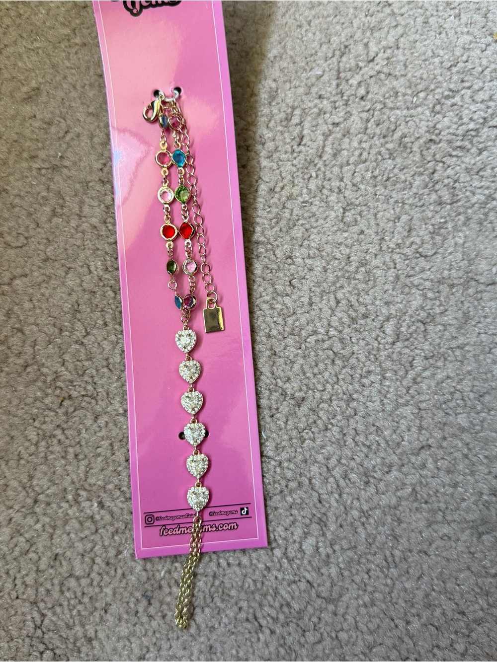 Feed me gems rhinestone Multicolor Heart Charm hand chain bracelet handchain